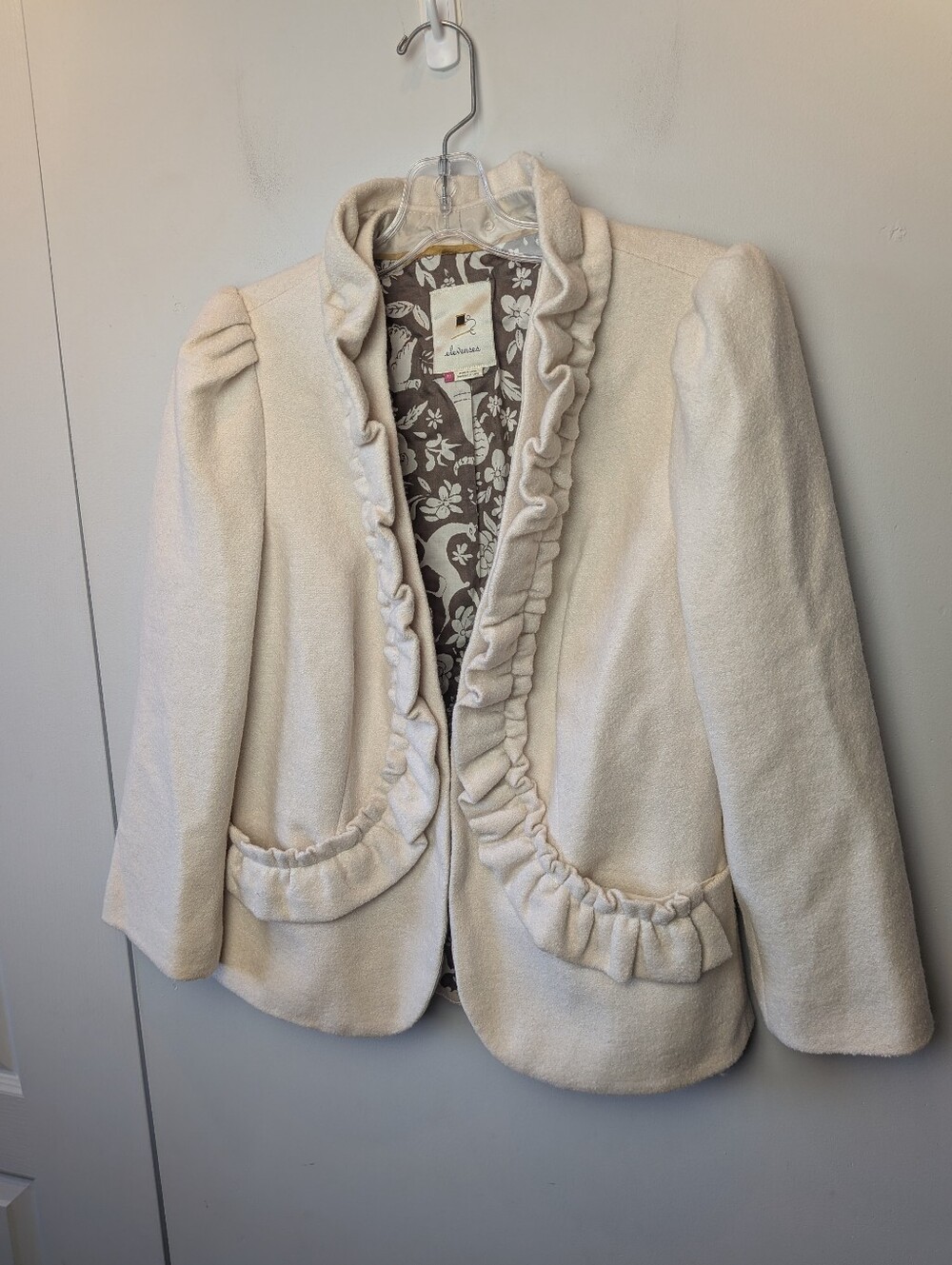 ANTHROPOLOGIE Elevenses Women Blazer Cream Color Mix Of Wool Size 10 Boho
